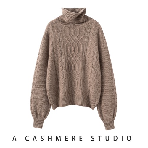 明星唐嫣同款 宽松加厚阿兰花100%纯山羊绒衫女高领毛衣针织套衫