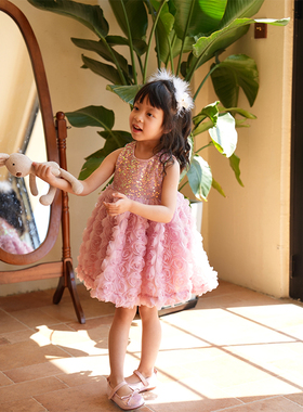 anyingirl夏季儿童连衣裙生日蓬蓬裙女童公主裙宝宝粉色礼服裙子