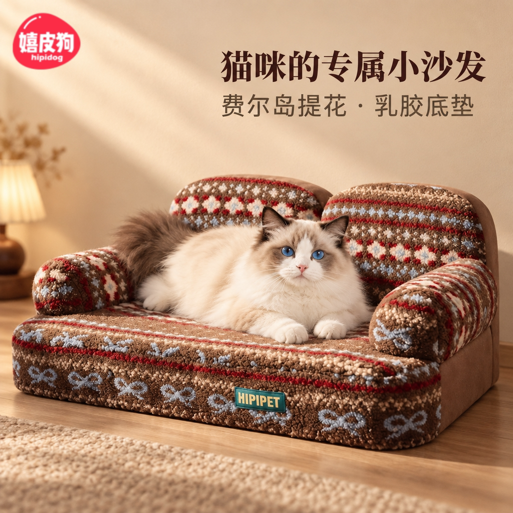 嬉皮狗猫窝秋冬保暖费尔岛提花乳胶沙发窝可拆洗不塌陷猫狗沙发窝