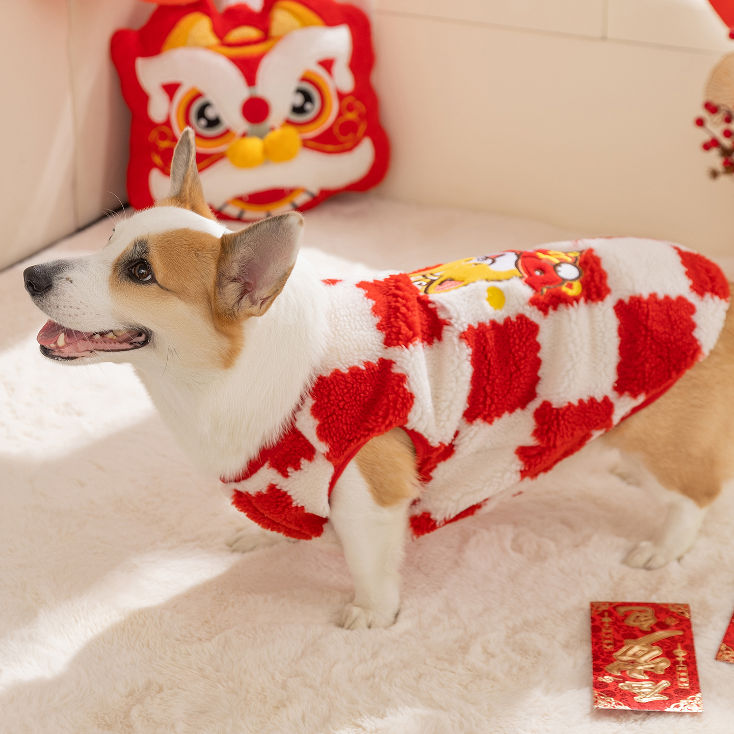 棋盘格马甲柯基衣服2025新款冬装宠物柴犬法斗小型犬狗狗新年唐装