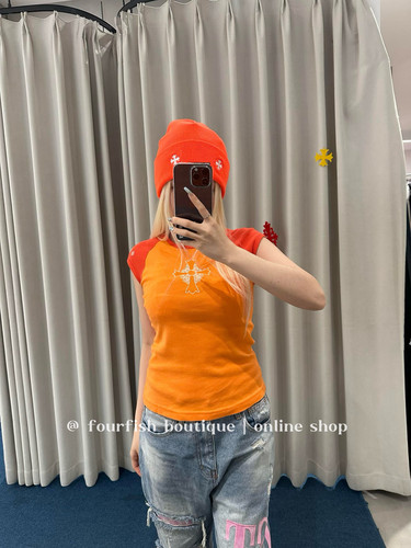 （现）小众设计时髦辣妹橘色拼色短款修身短袖T恤女tee上衣