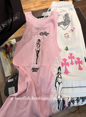 （现）小众时髦DOLL联名美女印花粉色华夫格背心无袖打底修身显瘦