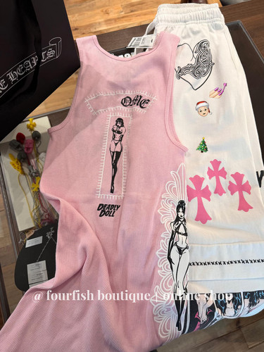 （现）小众时髦DOLL联名美女印花粉色华夫格背心无袖打底修身显瘦