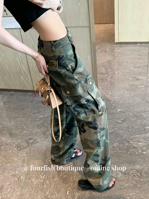 （现）程潇同款小众时髦金属十字架纽扣大口袋工装迷彩裤长裤