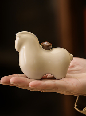 汝窑陶瓷马上有钱茶宠摆件中式招财唐马茶具茶盘精品家居装饰配件