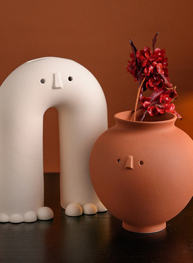 中古侘寂风陶瓷花瓶摆件家居客厅玄关桌面可爱艺术插花装饰样板房
