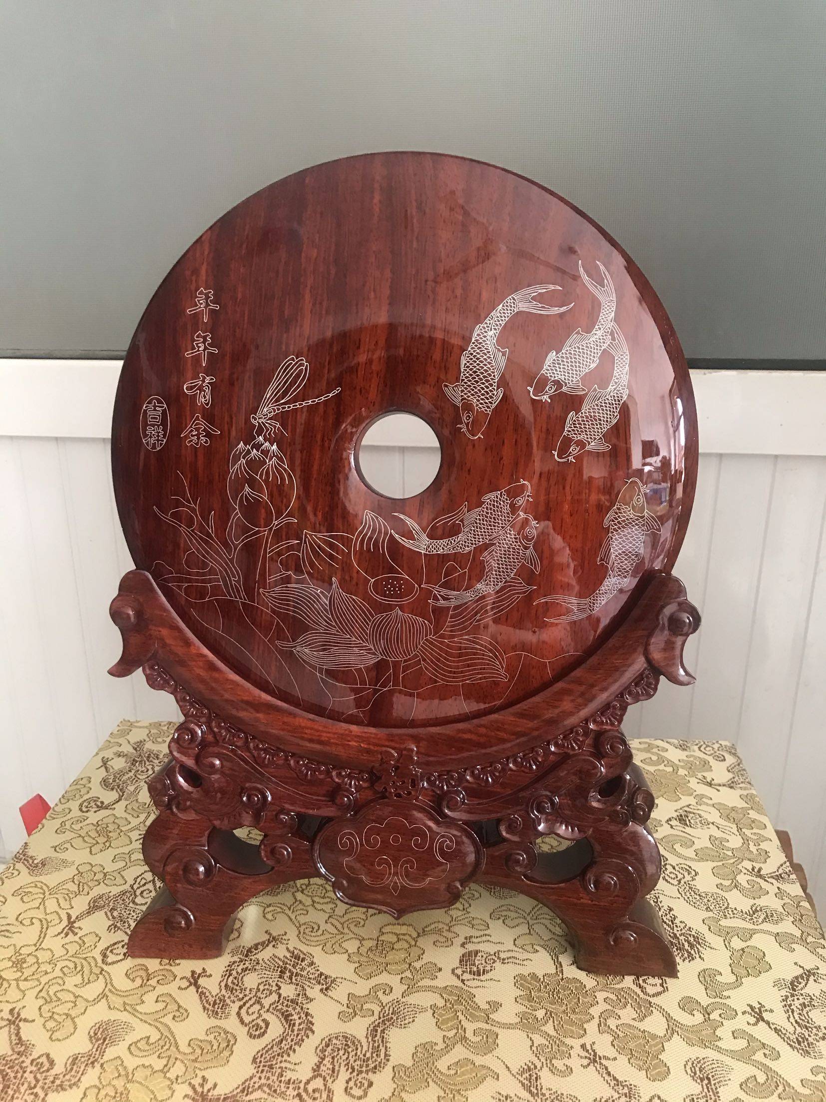 花梨木嵌银丝平安扣平安无事红木漆器客厅古典摆件潍坊特产工艺品