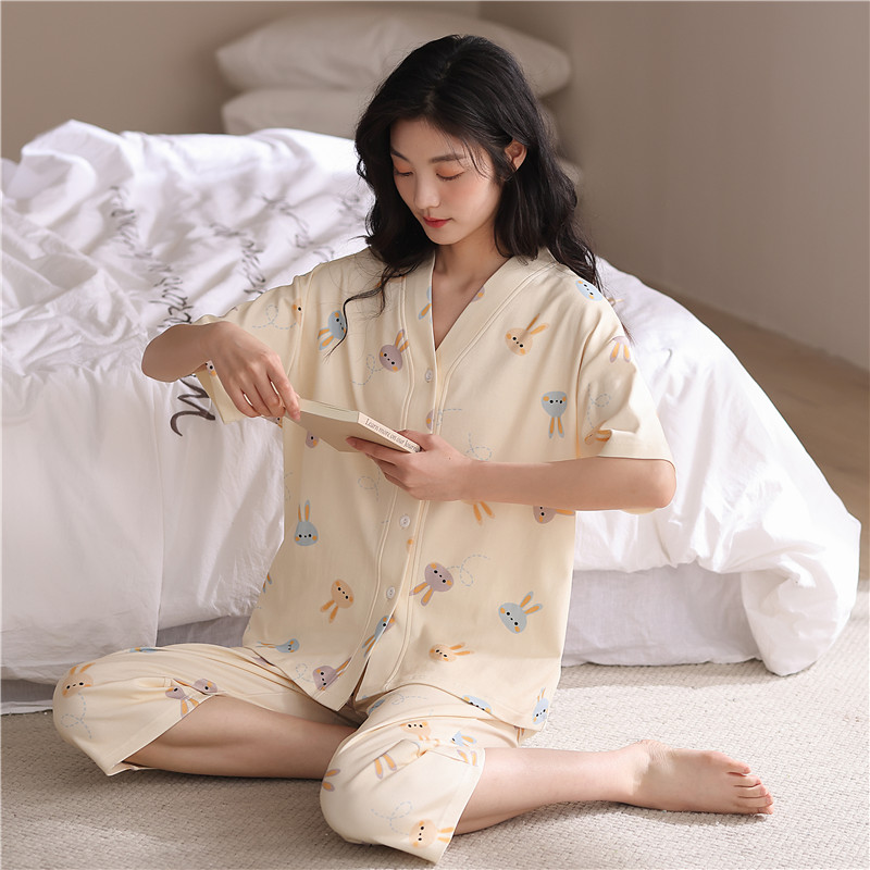 女士纯棉短袖七分裤和服睡衣套装