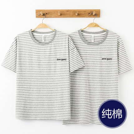 夏季纯棉睡衣单件上衣情侣薄款短袖T恤男女条纹休闲家居服单件衫