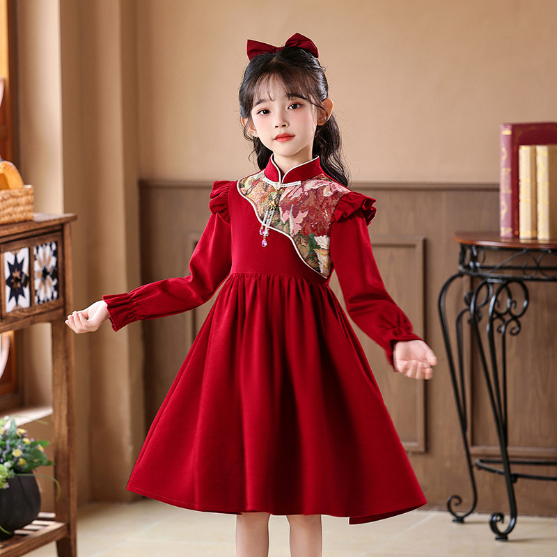 新年衣服女童连衣裙红色本命年女大童公主裙国风加绒加厚秋冬裙子