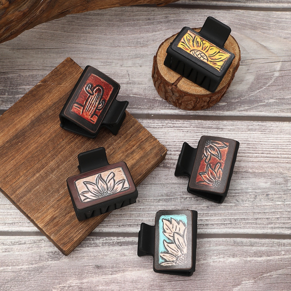 跨境西部风向日葵仙人掌皮革鲨鱼夹抓夹女士发夹速卖通亚马逊