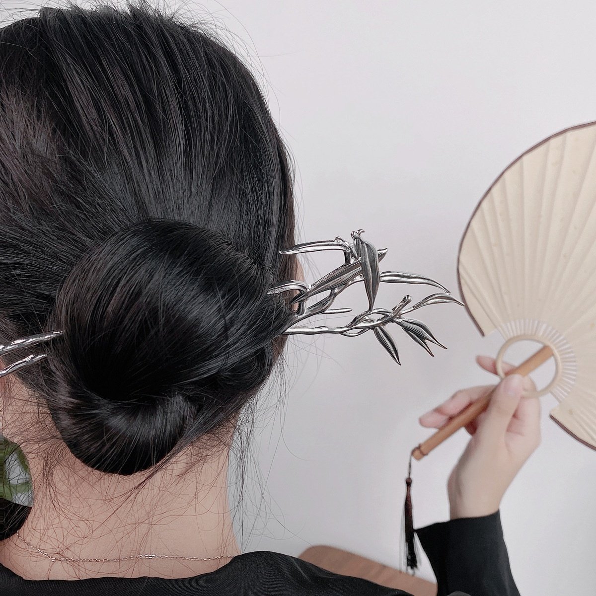 新中式竹叶发簪古风汉服旗袍发钗国风盘发双股簪头簪合金簪子