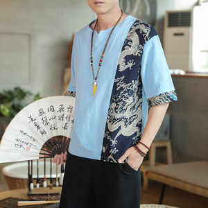 风夏季新款棉麻男士宽松短袖休闲拼接T恤219-2-8889-P30图片