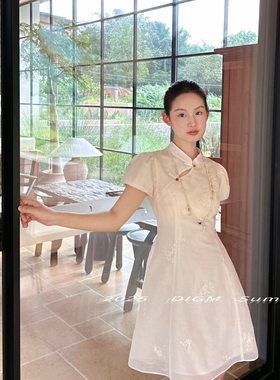 DIGM新中式改良天丝短袖连衣裙女夏季温柔气质收腰显瘦A字裙17326