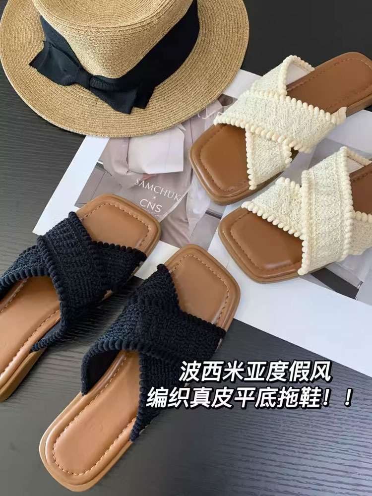 巨好穿！波西米亚风手工编织交叉真皮鞋垫牛筋大底方头平底凉拖鞋