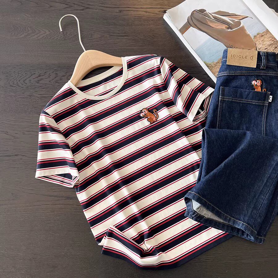 小禾马上封侯~重磅纯棉撞色条纹刺绣标针织布短袖T恤上衣女春新款