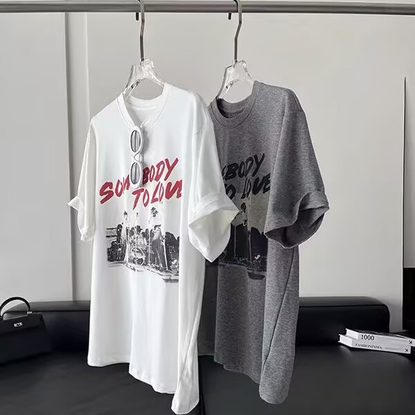 秦岚同款~美式摇滚印花字母棉T恤女25夏圆领短袖宽松小个子上衣