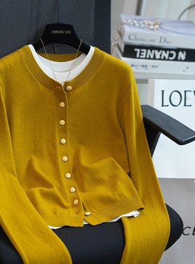 虫小小 绵羊毛混纺圆领宽松长袖针织开衫女毛衣外套上衣秋冬A52F