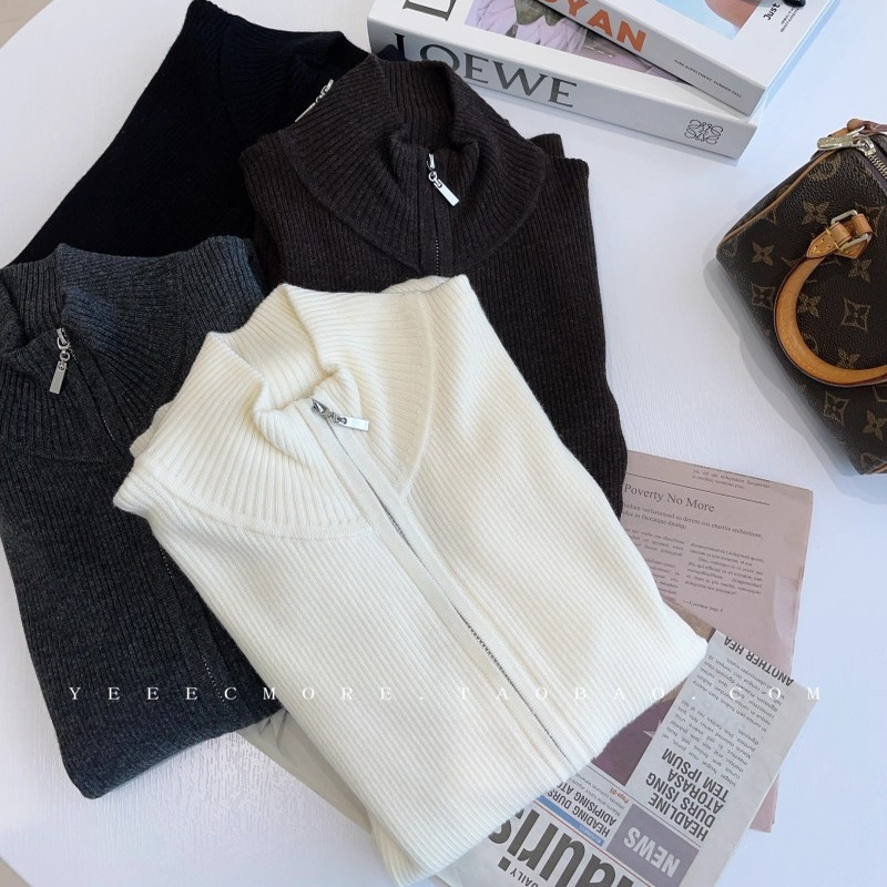 纸片人针织/100%超细绵羊毛/双头拉链立领开衫女短款上衣