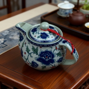 青花瓷带过滤网泡茶壶酒店冲茶器网隔侧把壶陶瓷客厅待客茶具单壶