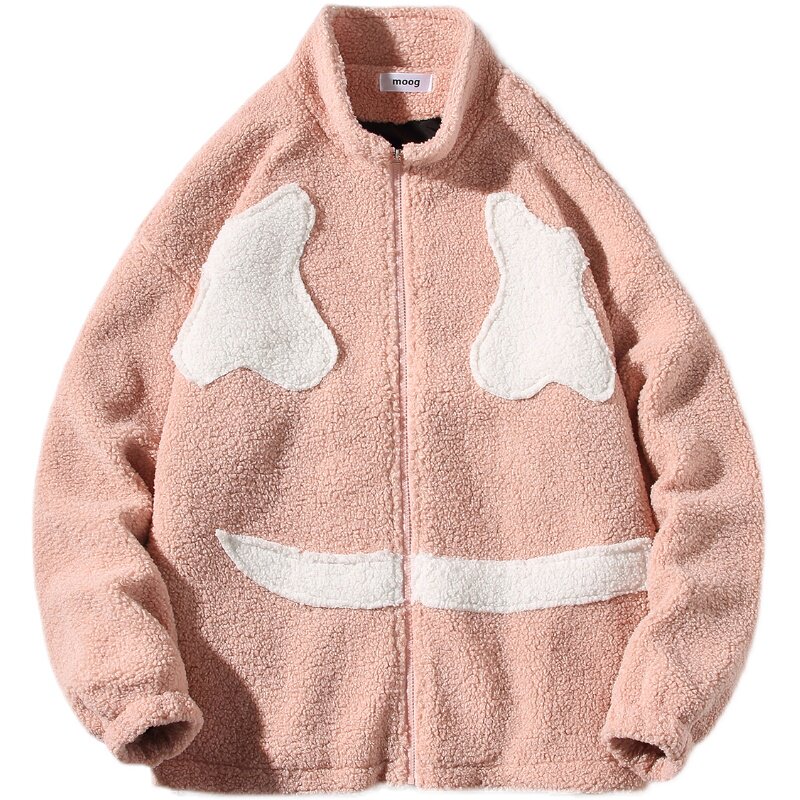 EY101冬季港风休闲白底男女笑脸刺绣加厚羊羔毛棉服棉衣外套P105,男装棉衣,电商C306