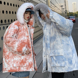 Q606冬季港风休闲男女扎染加厚棉衣棉服工装情侣装大码外套P135，男装棉衣，电商C306