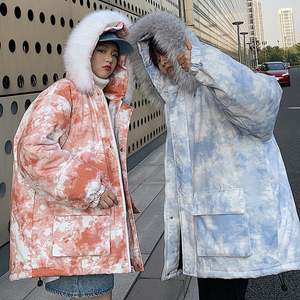 Q606 冬季港风休闲男女扎染加厚棉衣棉服工装情侣装大码外套 P135图片