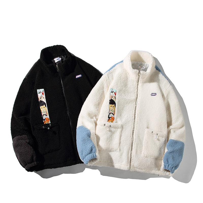 EY113白底港风冬季新款拼接加厚羊羔毛棉衣棉服潮流外套宽松P115,男装棉衣,电商C306