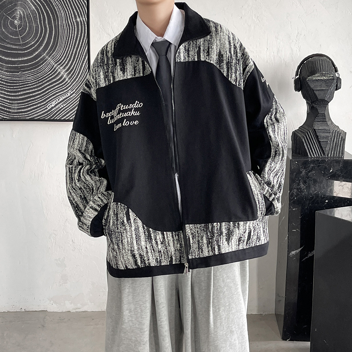 EY98秋季新款男女港风情侣撞色拼接工装开衫夹克棒球服外套P88,男装夹克,电商C306