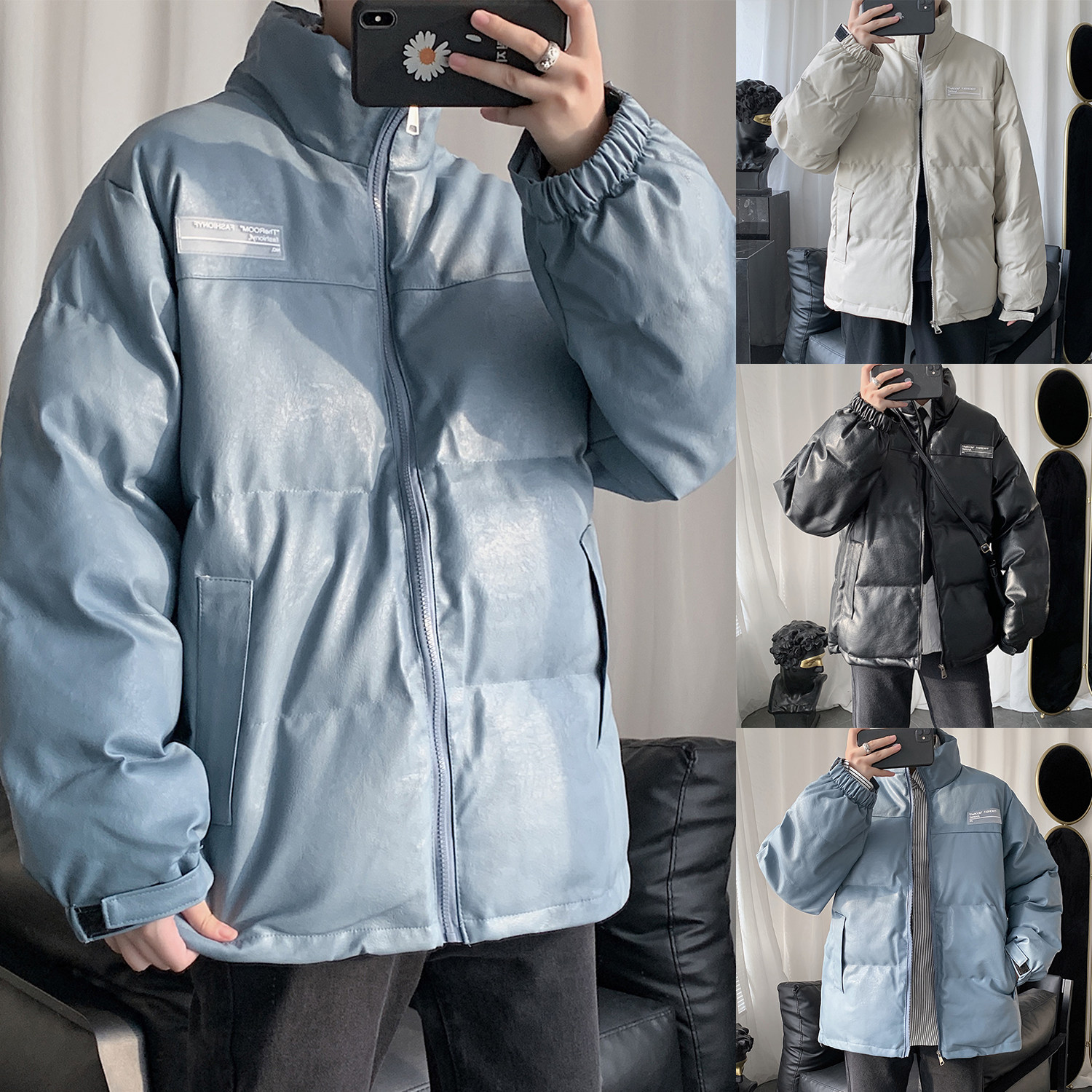 Q603 冬季港风男女机车服立领棉衣皮衣加厚棉服外套日系大码 P128图片