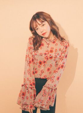 韩国复古时尚木耳边印花衬衫