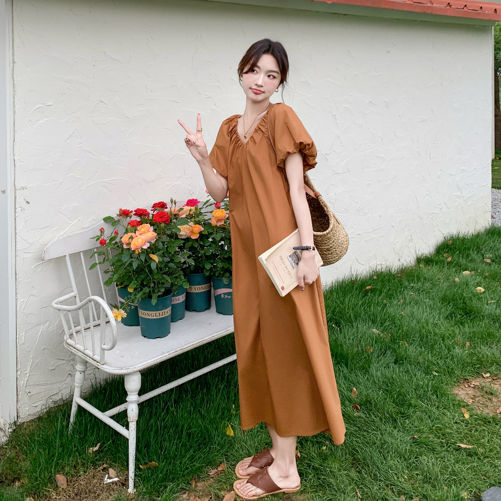 南瓜色泡泡袖v领连衣裙女2025夏新款韩版宽松小个子心机露背长裙，女装连衣裙，卡莱