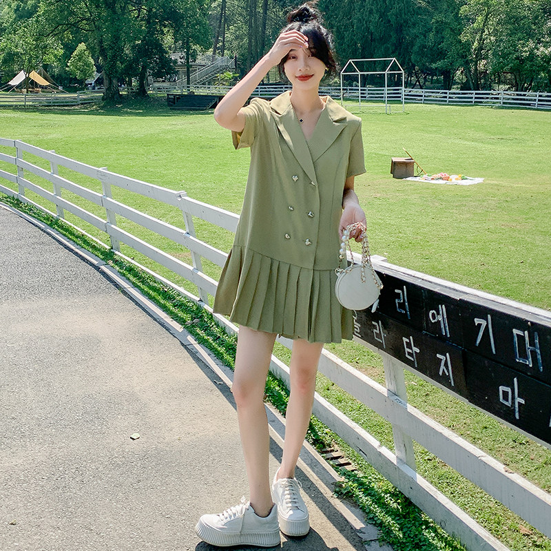 档口可拿主推新款22夏西装百褶金属扣连衣裙207-J2323P105控158,女装连衣裙,卡莱