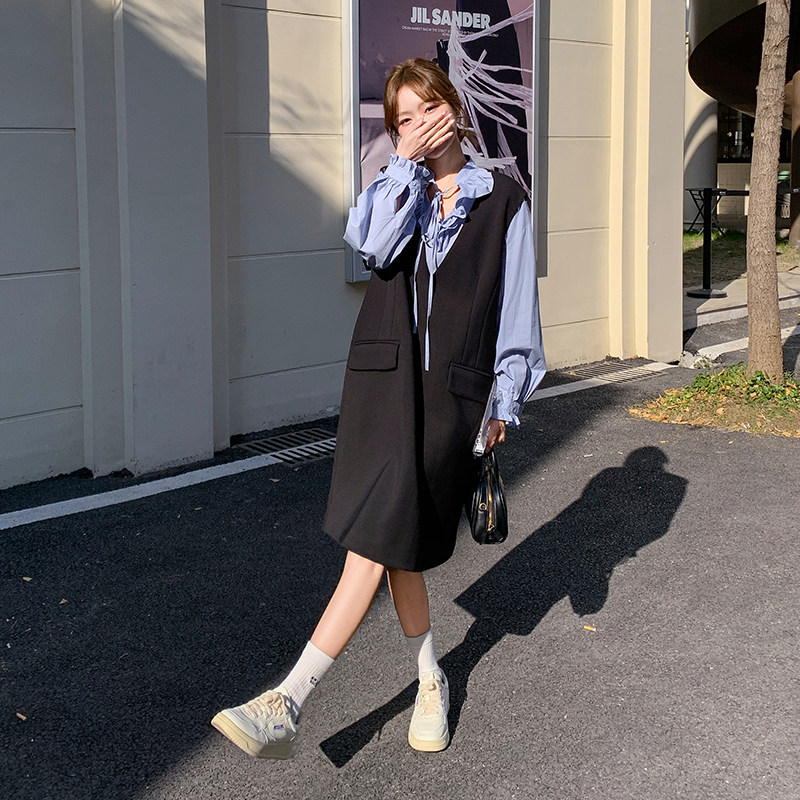 韩系氛围感背心连衣裙套装女2025春季新款气质宽松长袖衬衫两件套,女装套装/套裙,卡莱