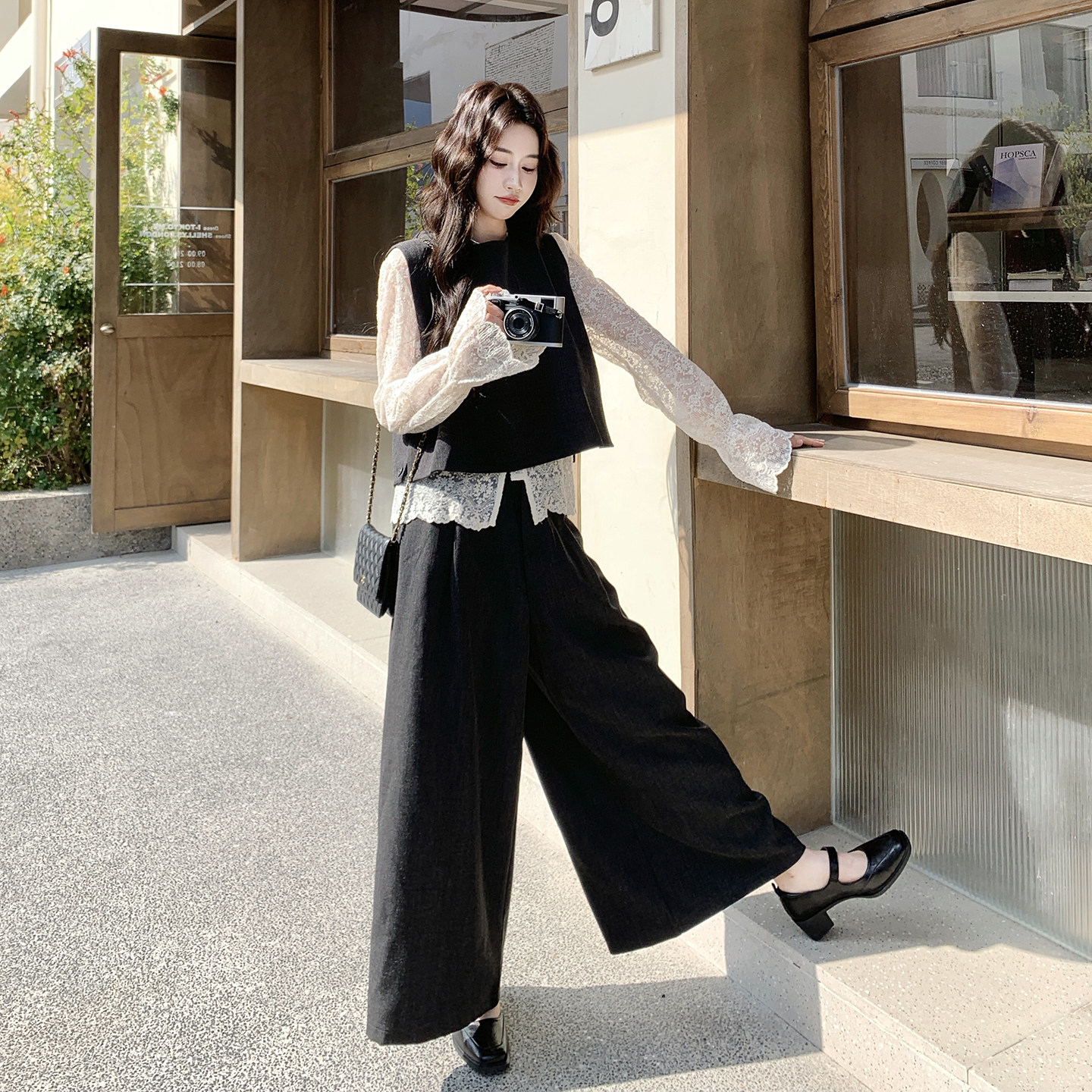 【新款】蕾丝上衣马甲阔腿裤三件套装207-335P215控348，女装套装/套裙，卡莱