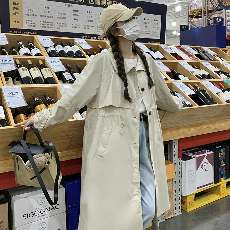 休闲慵懒风衣外套女春秋2025独特超火好看抽绳收腰立领中长款大衣,女装风衣,卡莱