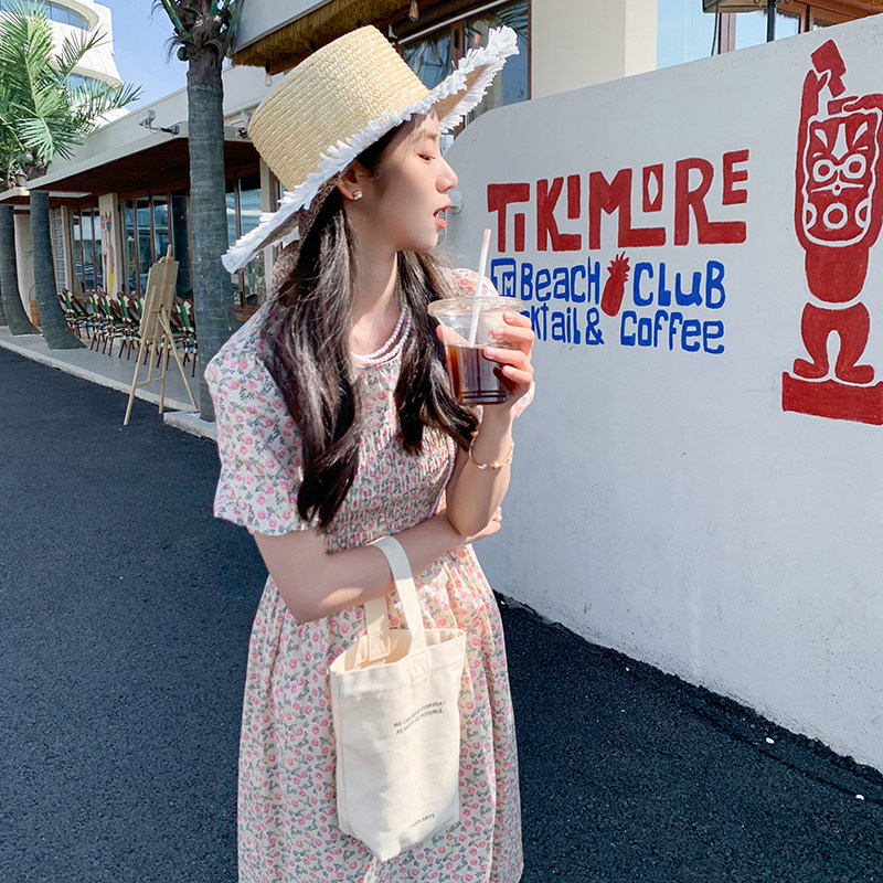 现货夏季新款碎花连衣裙褶皱收腰长裙207-J9151P105控158,女装连衣裙,卡莱