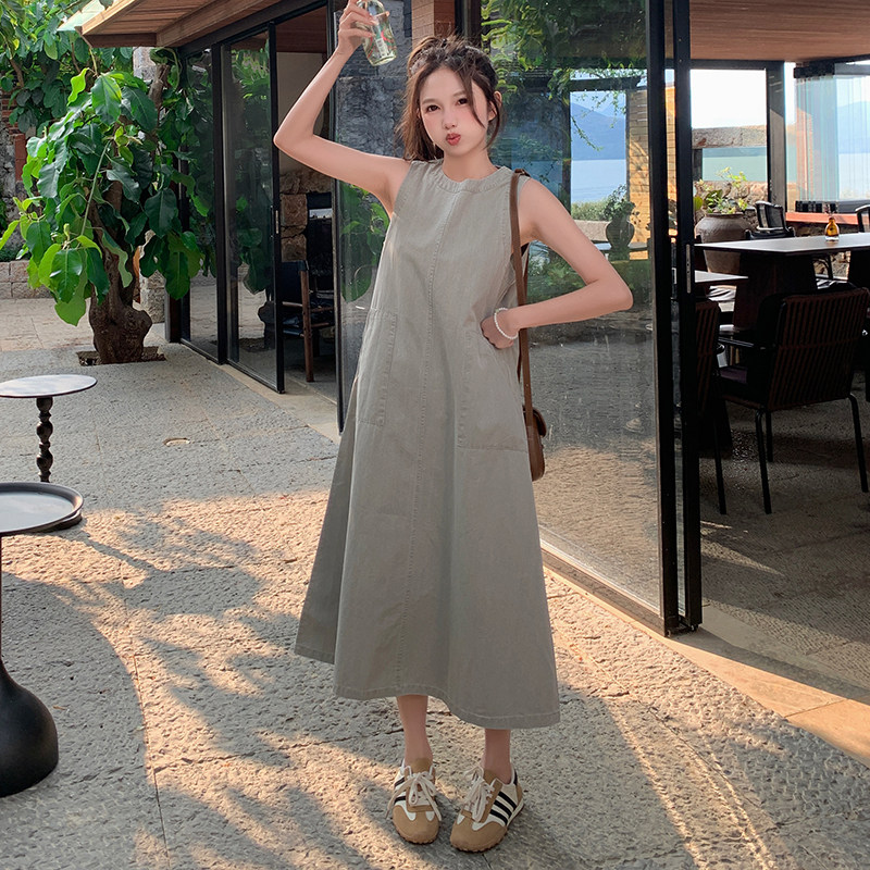 日系甜美减龄工装背心连衣裙女2025夏季新款韩版宽松显瘦牛仔长裙,女装连衣裙,卡莱