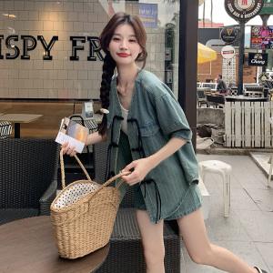 炸街减龄时尚短袖牛仔女夏天搭配一整套巨遮肉显瘦短裤图片