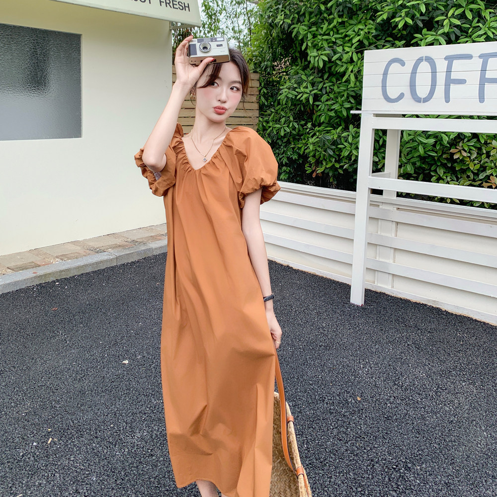 南瓜色泡泡袖v领连衣裙女2025夏新款韩版宽松小个子心机露背长裙,女装连衣裙,卡莱