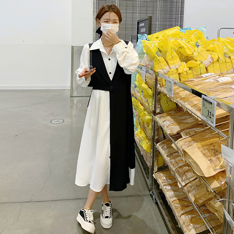 别致独特连衣裙女2025春秋拼接黑白撞色通勤假两件收腰衬衫裙长裙,女装连衣裙,卡莱
