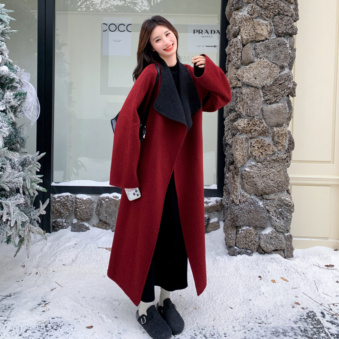 现货新年红撞色双面尼70羊毛大衣外套207-1823P300控428，女装毛呢外套，卡莱