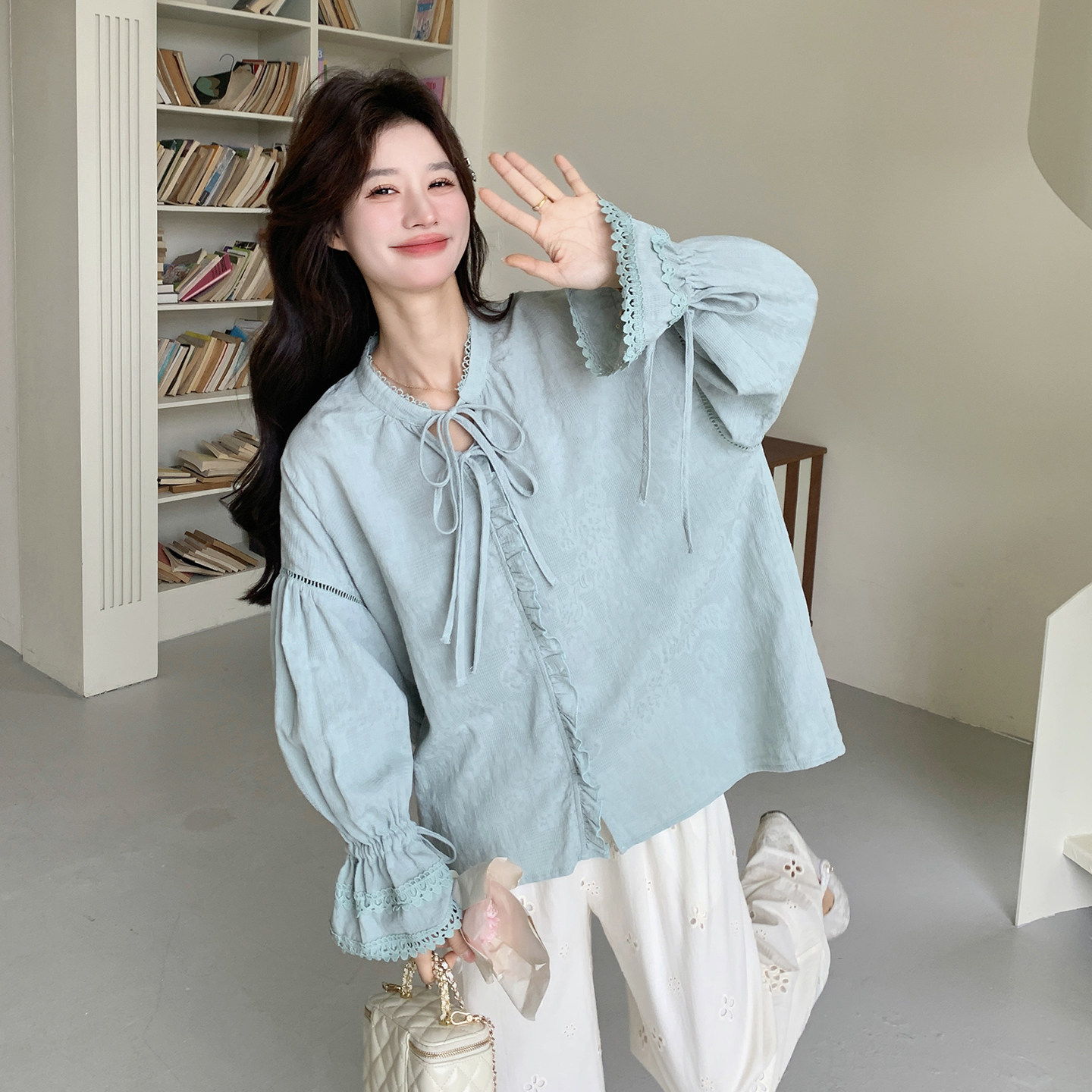 【新款】蕾丝拼接衬衣阔腿裤两件套装207-333P175控288，女装套装/套裙，卡莱