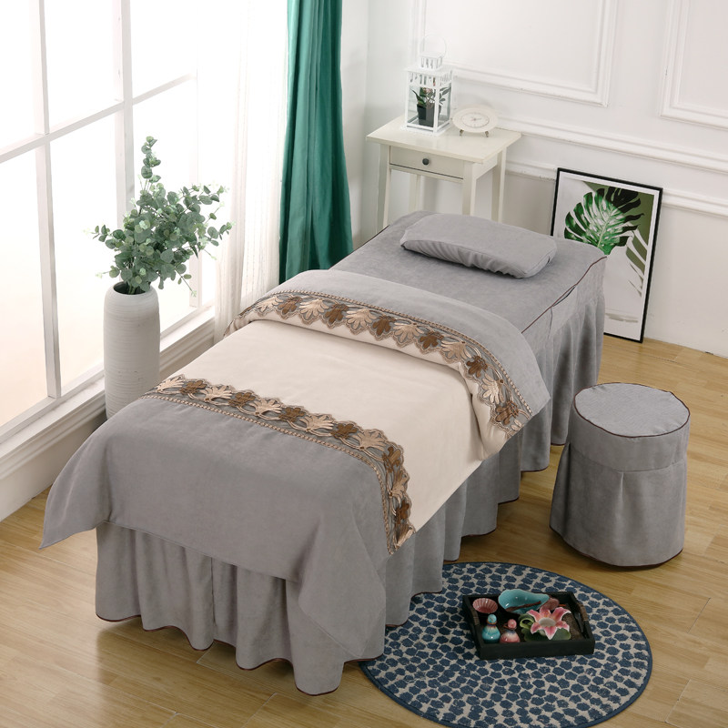 网红灰色美容床罩四件套美容院用品棉麻可定做床套纯色欧式纯棉洞