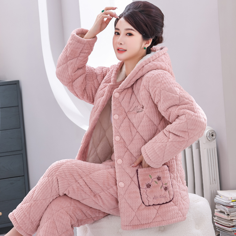 女士珊瑚绒夹棉加厚加绒睡衣冬季