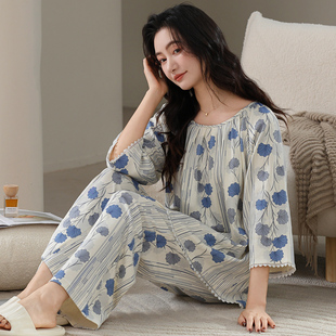 女士纯棉睡衣七分袖春秋季长裤宽松碎花时尚全棉家居服套装秋冬款