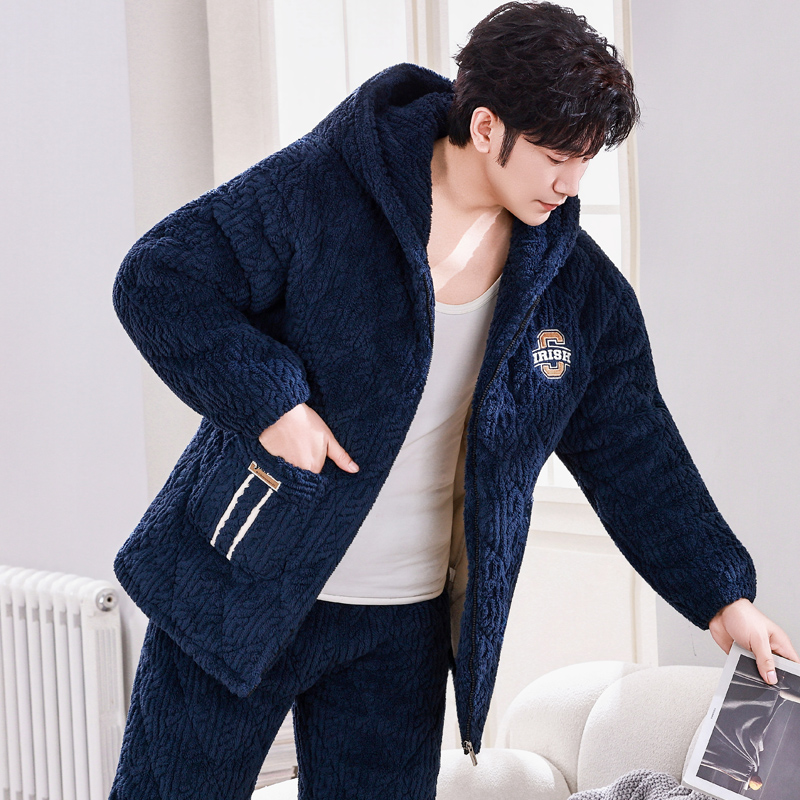 睡衣男士冬季珊瑚绒青年三层加厚加绒夹棉袄保暖法兰绒家居服套装