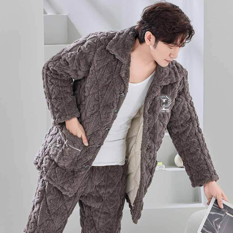 睡衣男冬季珊瑚绒加绒加厚三层夹棉男士大码法兰绒家居服保暖套装