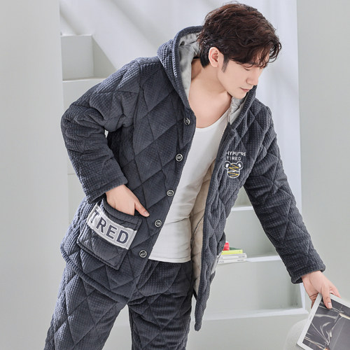 亿美希男士冬季保暖加绒睡衣