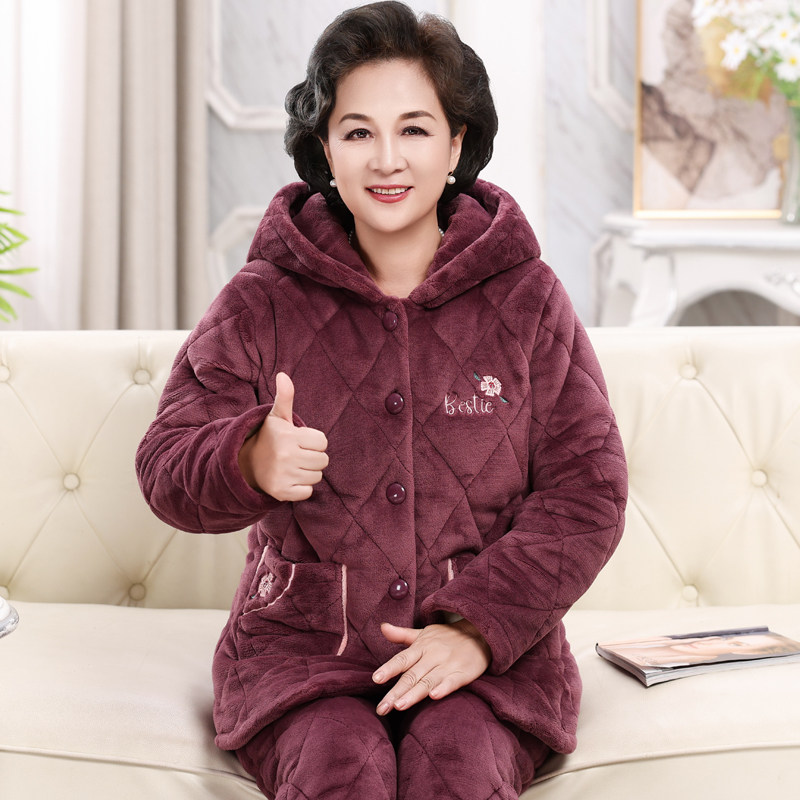 连帽秋冬季珊瑚绒夹棉睡衣女三层加绒加厚妈妈款保暖中老年家居服